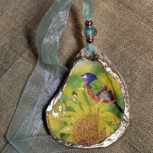 Handcrafted Oyster Shell Painted Bunting On A Sunflower 3.5"x3" Beads Ribbon